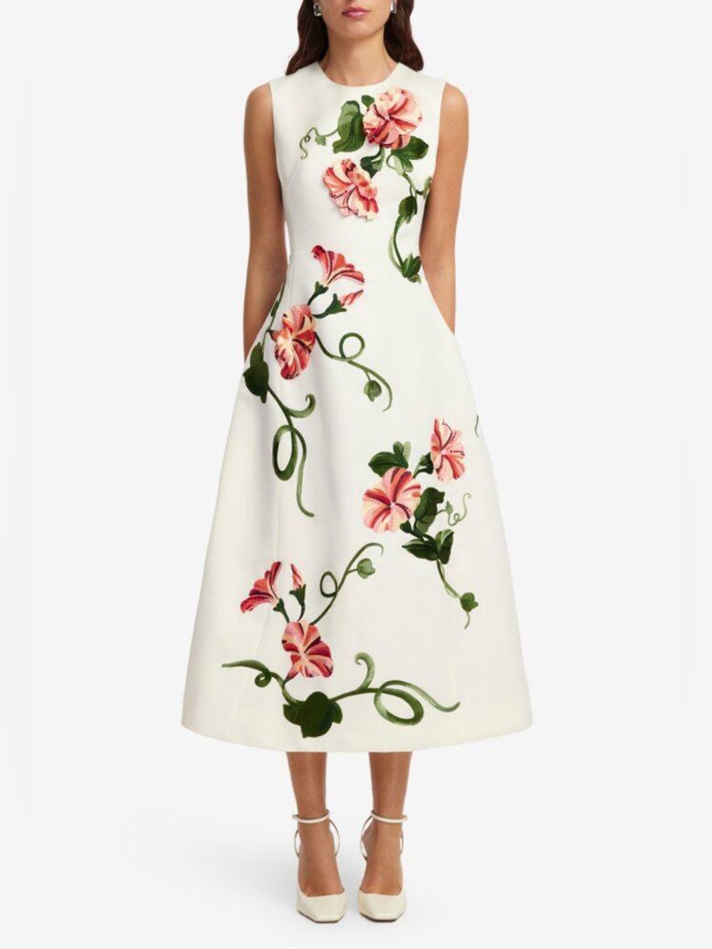 NWT Leo Lin Cleo Applique Sleeveless Midi Dress in Vine Print In Snow US 8